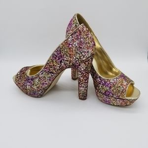 Madden girl sparkling gold & multicolor heels